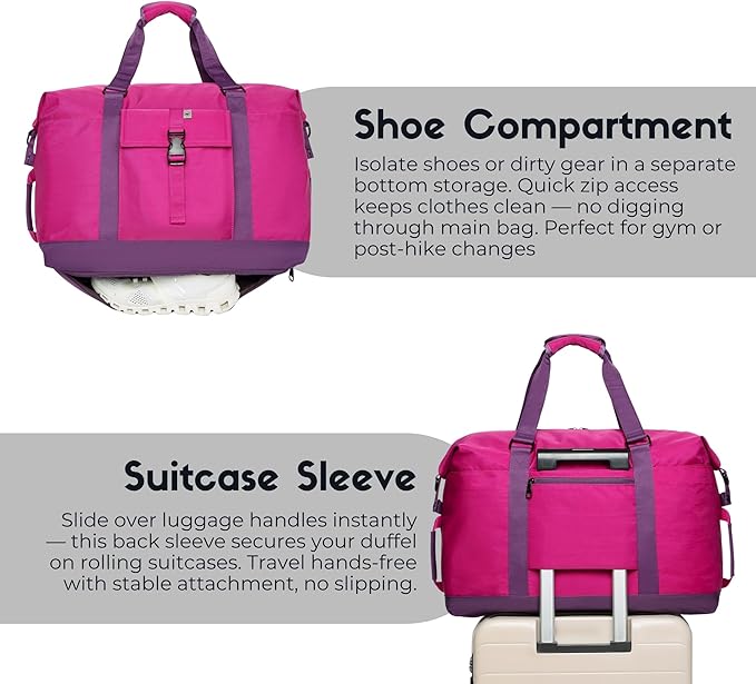 SUNNY BIRD Duffel with Utility Pouch, 40L Weekender Overnight Bag with Shoe Compartment for Travel and Sports (Purple)