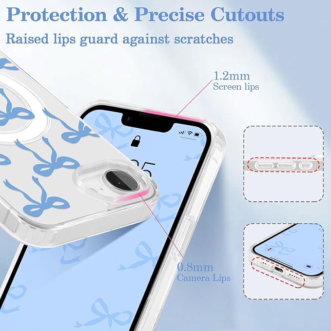 UEEBAI Magnetic for iPhone 16e Case, Bow Case Compatible with MagSafe, Wireless Slim Clear Ribbon Aesthetic Phone Cover Anti-Yellowing Shockproof Protective Cover for Women Girl - Blue