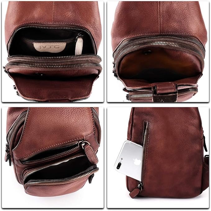 IVTG Genuine Leather Sling Bags for Men and Women Chest Shoulder Backpack Handmade Crossbody Motocycle Daypack