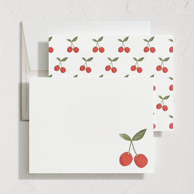 Minted Twin Cherries Stationery Set, Set of 10, Flat Note Cards & Envelopes for Invitiations and Handwritten Thank You Messages, Red Cherry Fruit Illustration, Gifts for Men and Women, Luxurious Paper