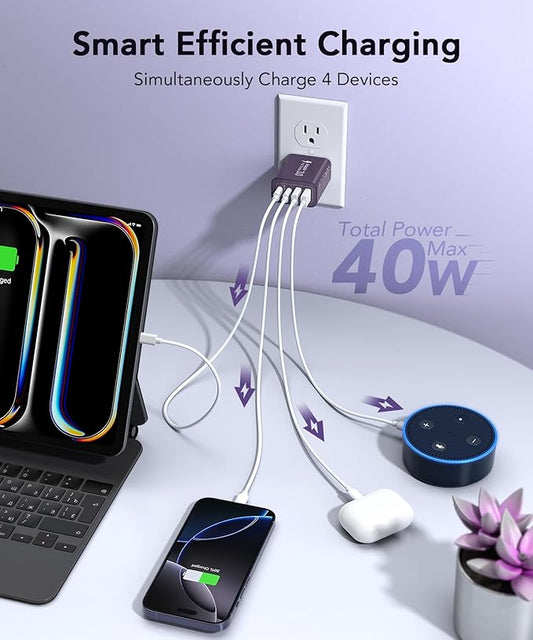 40W USB C Charger Block, 2-Pack 4-Port Type C Fast Charging Brick Dual PD&QC Wall Plug Adapter Power Brick for iPhone 16/15/14/13/12 Pro Max Plus/iPad/Airpods/iwatch/Samsung Galaxy (Purple)