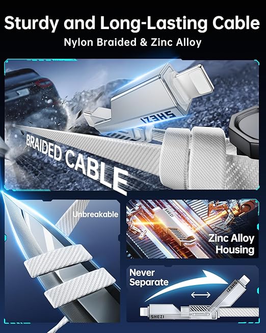 SHEZI [Upgraded 2.0] 4-in-1 USB C Cable 60W 5FT Fast Charging [480Mbps Data Sync] Flat Nylon Braided Charger Cord Combo, USB A/C to C/L Multi Charge Cable for iPhone/iPad & Most Devices, Silver