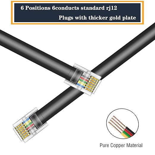 LanSenSu RJ12 Cable Phone Cord RJ12 6P6C Male to Male Straight Wired for Both Data and Voice Use - 2Pack (Black, 6.6FT)