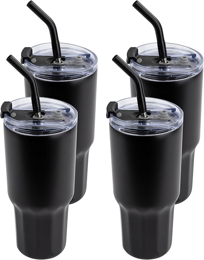 VEGOND 30 oz Insulated Stainless Steel Tumblers with lid and straw Bulk Pack Double Wall Vacuum Coffee Mug with Non-Slip Silicone Base, Sweat Proof Powder Coated Cup for Hot Cold Drinks, Black 4Pack