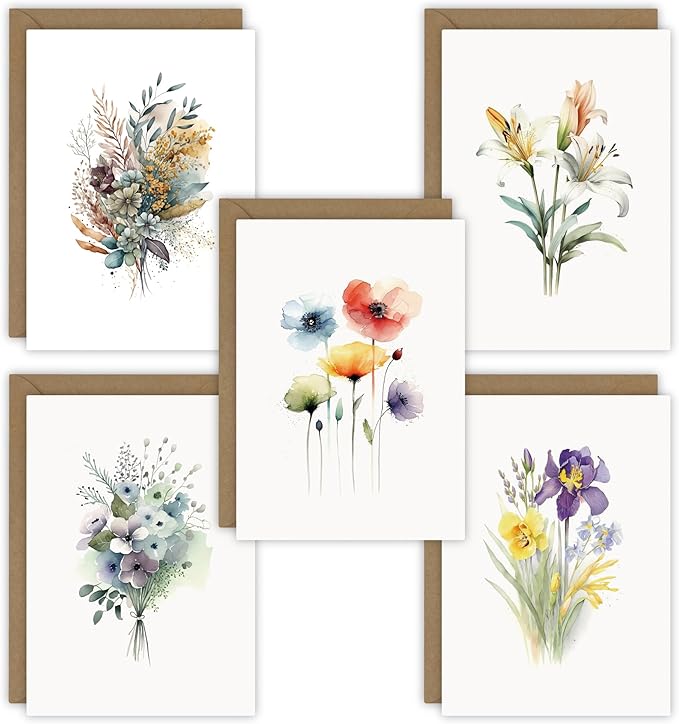 5 Watercolor Flowers Greeting Cards All Occasion Blank Note Cards with Envelopes