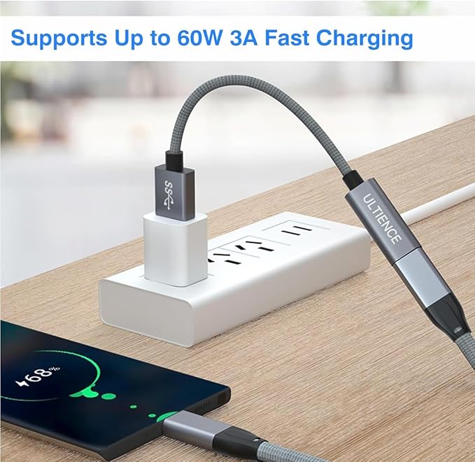 [10Gbps] High-Speed A to C Adapter with USB to USB C Cable, Female – 60W Fast Charging and Data Transfer Compatible with Laptop, PC, Flash Disk, Charger (0.41 ft Grey)