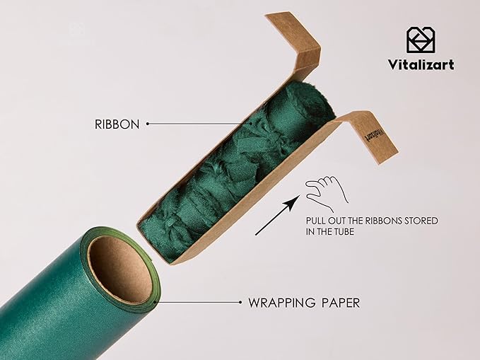 Vitalizart Green Wrapping Paper Set 17" Pearly-Lustre With Silk Like Satin Ribbon & Gift Tags Recyclable Eco-Friendly Christmas Gift Wrapping Birthday Baby Shower Wedding Handmade Crafts 197"(16.4 Ft)