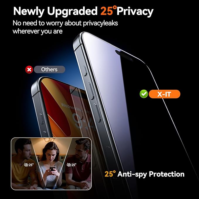 X-it 4-Pack Privacy Screen Protector for iPhone 15 Pro Max,[Military Grade Shatterproof],9H+ Tempered Glass,[Automatic dust Removal], 10x Military Protection, [Bubble-Free], Easy to Install,Case Friendly