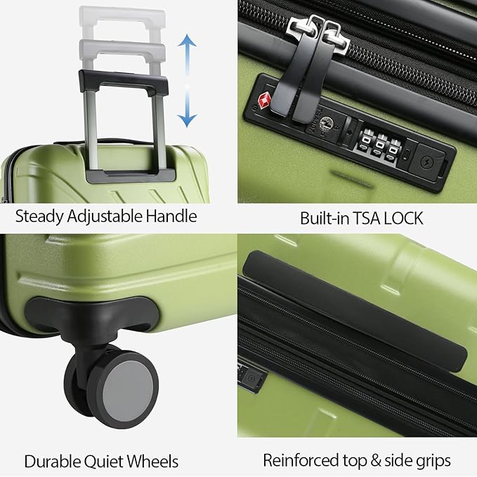 VANKEAN Carry On Luggage with Spinner Wheels & TSA Lock, Expandable Fashionable Hard Shell Suitcase airline approved，20 Inch Carry-On，Green