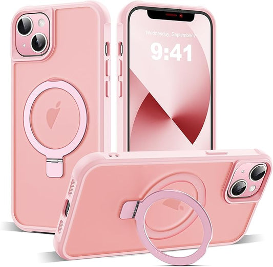 Compatible with iPhone 13 Case & iPhone 14 Case with Invisible Magnetic O-Ring Stand Translucent Phone Cases for 13 & 14 6.1" [Compatible with Mag-Safe][Great Grip Feeling], Pink