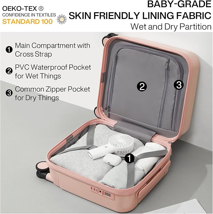 mixi 14 Inch Underseat Luggage Carry on Suitcase Free Boarding Personal Item Suitcases with Spinner Wheels Hardshell Lightweight PC for Short Travel, Pink