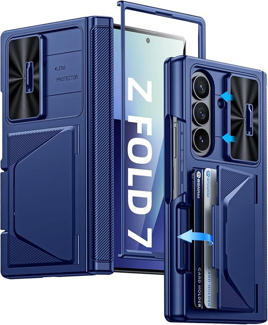 for Samsung Galaxy Z Fold 7 Case with Card Holder RFID Blocking, Built in Slide Lens Cover & Hinge Protection & Screen Protector, Shockproof Wallet Case for Z Fold 7 (Sapphire Blue)