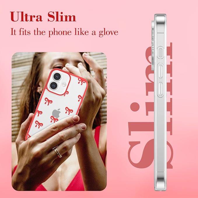 EYZUTAK Case for iPhone 17, Clear Cute Ribbon Bowknot Pattern Aesthetic Transparent Phone Case Raised Camera Protection Stylish Slim Soft Durable TPU Protective Cover for Women Girls - Red