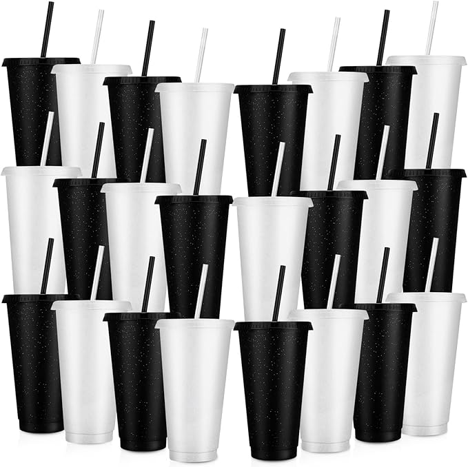 Honeydak 30 Pack Tumbler with Straw and Lid Bulk Glitter Plastic Cups Water Bottle Iced Coffee Travel Mug Reusable Party Favor Cups for Birthdays travel 24-27 oz (Black and Clear)