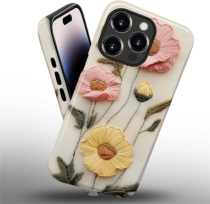 Case for iPhone 14 Pro Max Case,Faux Embroidery Boho Floral Design - Hybrid Dual Protection Silicone + Hard PC Shockproof Full Body Cover Slim Anti-Scratch Protective Case for Men Women