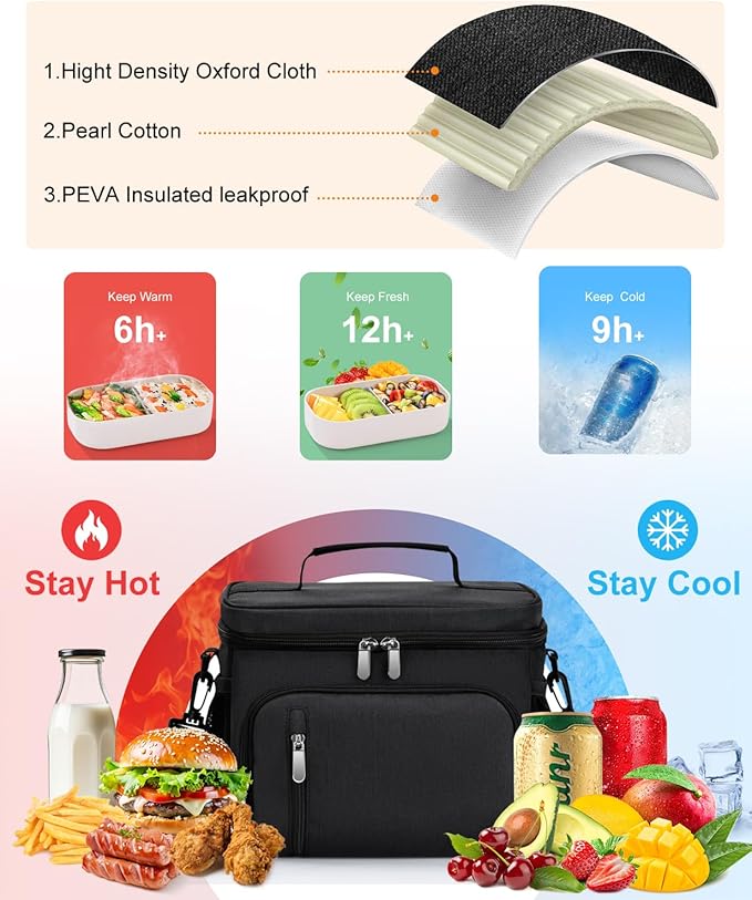 Insulated Lunch Bag for Men & Women - Leakproof Lunch Box Soft Cooler Tote, Adjustable Strap, Reusable Lunch Box for Work Office Picnic Beach Travel-Black