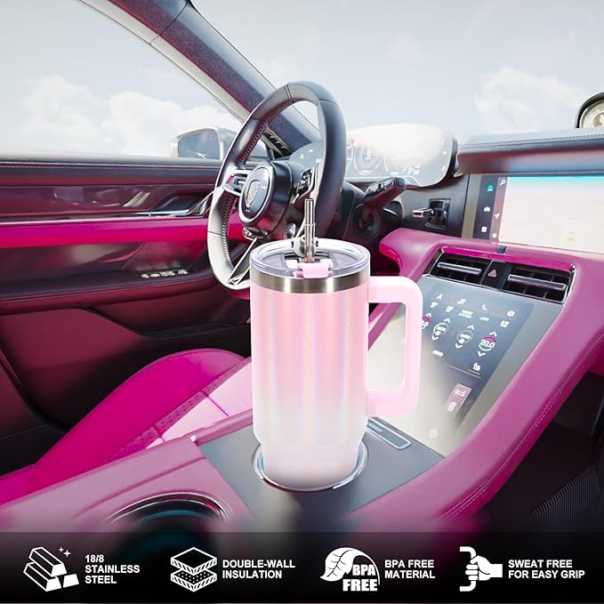 40 oz Shiny Tumbler with Handle and Straw,Stainless Steel Tumbler with Lid and Straw,Insulated Travel Mug(Cold for 34 Hours),Water Bottle for Iced Tea,Coffee (Pink)