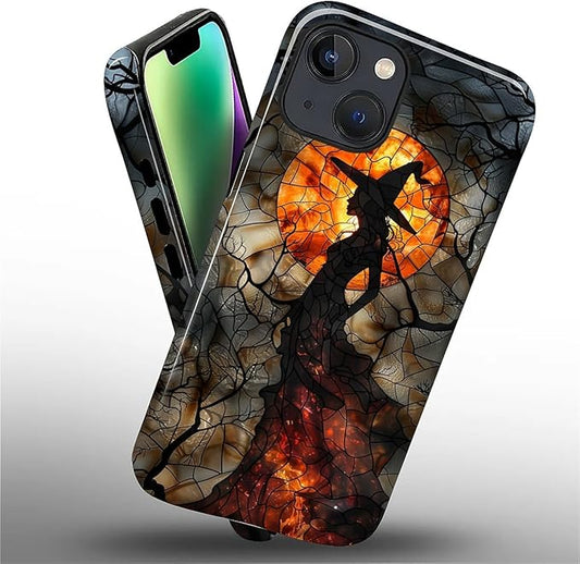 Case for iPhone 14 Plus Case,Halloween Witch Moon Stained Glass Design Hybrid Dual Protection Silicone + Hard PC Shockproof Full Body Cover Slim Anti-Scratch Protective Case for Men Women