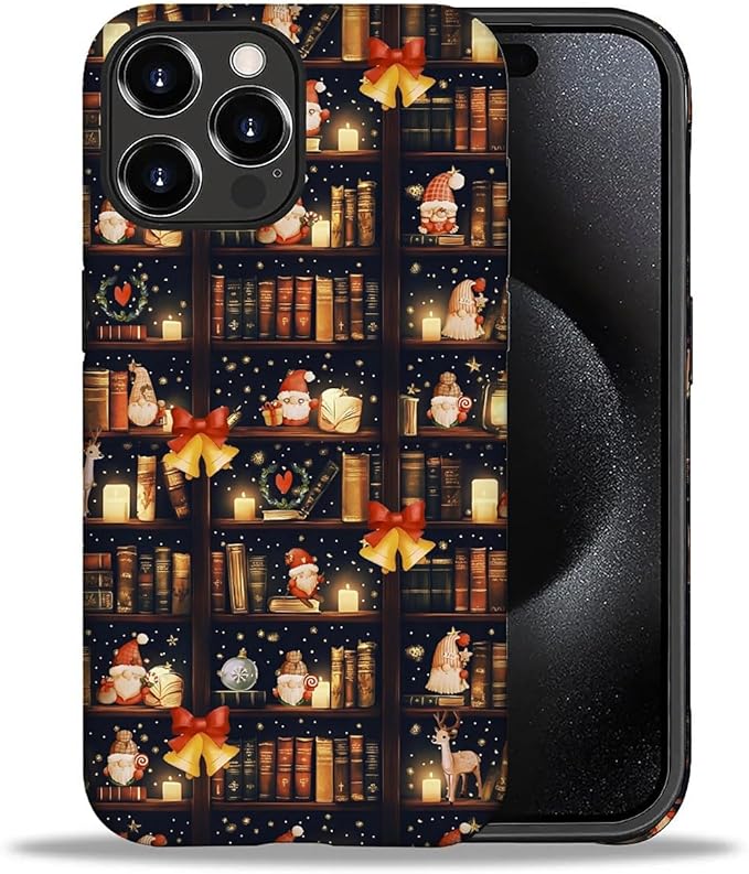 DAIZAG Case Compatible with for iPhone 16 Pro Max,Christmas Santa Claus Bookshelf Bells Phone Case for iPhone 16 Pro Max for Girl Women Boy Men