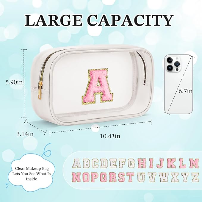 YOOLIFE Initial Make Up Bag Travel Toiletry Bag, Clear Makeup Bag Preppy Cosmetic Bag Travel Essentials Gifts for Women Teen Girlfriend Teacher Mom Birthday Daughter Gifts Swim Gifts For Girls White H