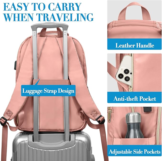 Backpack for Women, School Backpacks for Teen Girls, Stylish Cute Laptop Backpack, Teacher Student College Bookbags with USB Charging Port, Beige & Pink