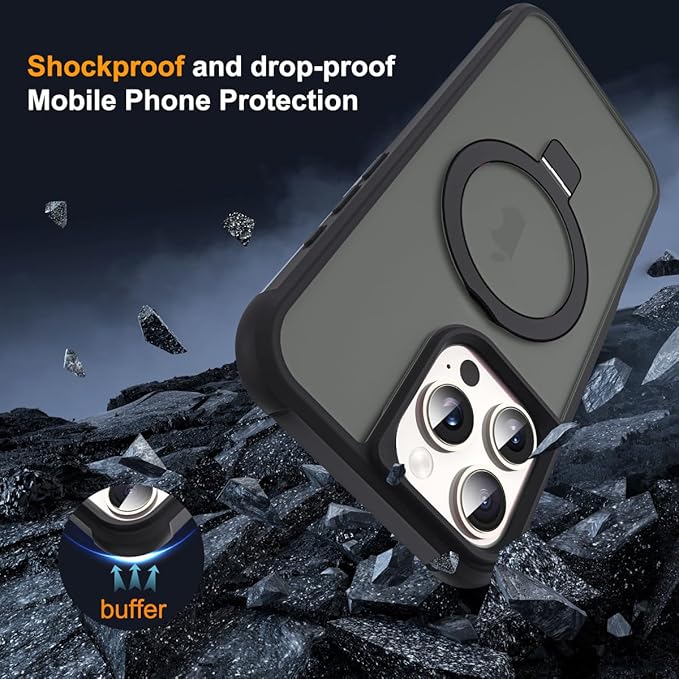 Compatible with iPhone 16 Pro Max Case with Invisible Magnetic O-Ring Stand Military-Grade Translucent Case for iPhone 16 ProMax 6.9" [Compatible with Mag-Safe][Great Grip Feeling], Black