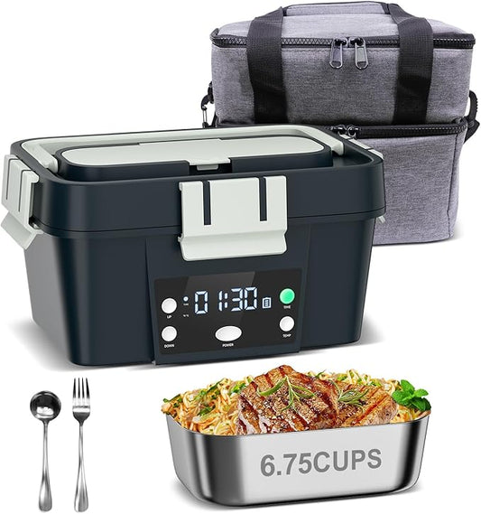 Heated Lunch Box Battery Powered with Automatic Heating, 16,000mAh Cordless Heatable Lunchbox for Adults, 1.6L Portable Food Warmer with Insulated Carry Bag Green
