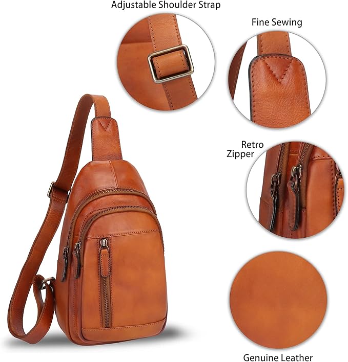 IVTG Genuine Leather Sling Bag Chest Shoulder Pack Crossbody Casual Daypack Vintage Handmade Hiking Backpack Motorcycle Bag (Brown) Medium