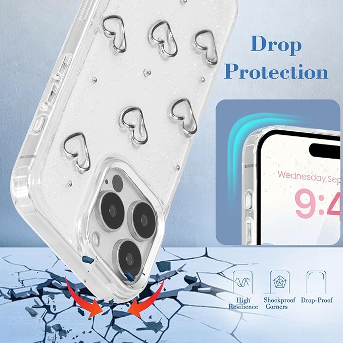 EYZUTAK Case for iPhone 15 Pro Max, Bling Glitter 3D Hearts Phone Case Cute Sparkly Crystal Clear Heart Aesthetic Design Case Slim Soft Durable TPU Transparent Protective Cover for Women Girls - Heart