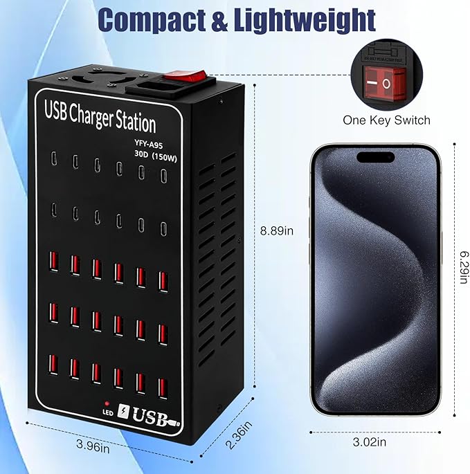 Multiport USB C Charger Block RISWOJOR, 150W (30A) 30 Port USB Charging Station with Auto Detect, Multi USB Charger Station with Type-C 3A for Smartphone Tablets Multiple Devices