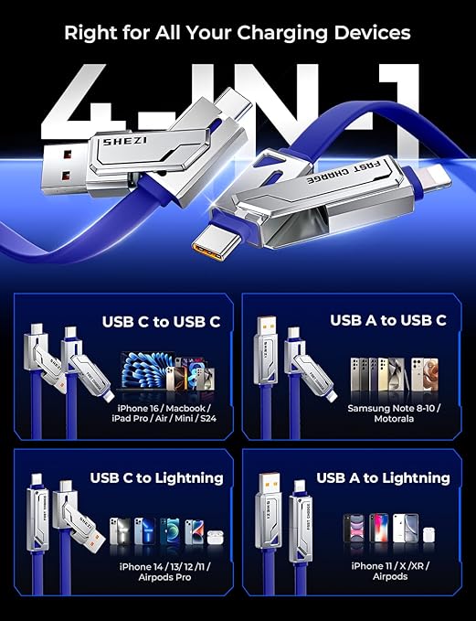 [2025 Upgrade] 4-in-1 USB C Cable 60W 5FT Compatible With Lightning Cable [Fast Charging & Data Transfer] Flat Type C/A to C/L Cord for iPhone/iPad, Multi Charger Wire Combo for All Devices (Blue)