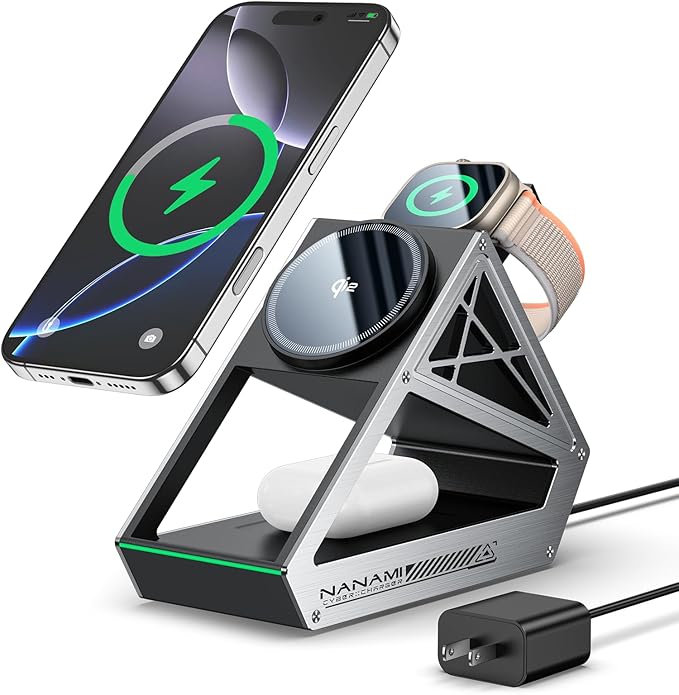 NANAMI Wireless Charging Station for Apple Watch, Qi2 Certified 3 in 1 15W Magnetic Wireless Charger Stand for iPhone 16/15/14/13/12 Series, AirPods 4/3/Pro/Pro 2, [Certified] Apple Watch Charger