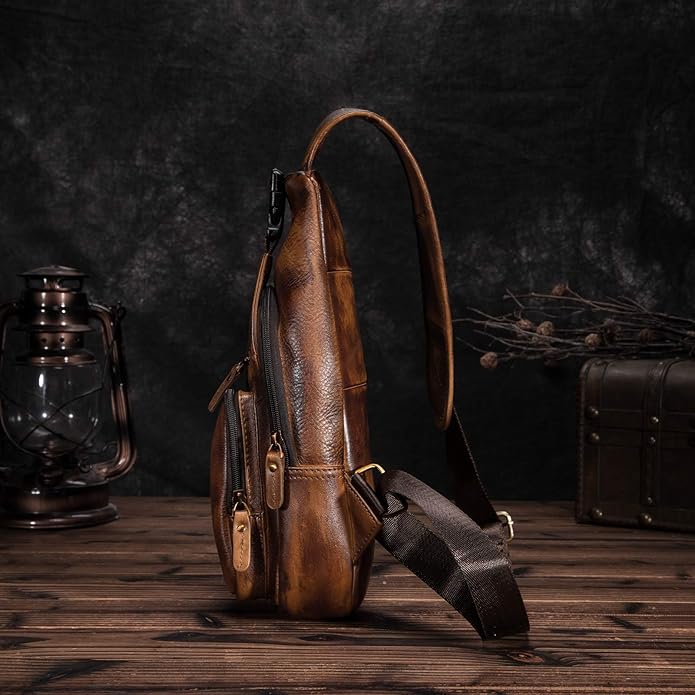 Le'aokuu Men Fashion Casual Tea Designer Travel Hiking Crossbody Chest Sling Bag Rig One Shoulder Strap Bag Men Leather 8015