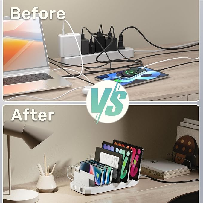 Multiple Device USB Charging Station, 10 Ports Charging Station for Multiple Devices, USB Charging Dock with Adjustable Dividers Compatible with Tablets, Smartphones-60W