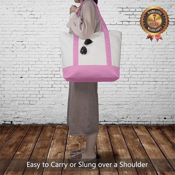 TOPDesign 1-Pack Canvas Tote Bag with an External Pocket, Reusable Grocery Shopping Bag, Top Zipper Closure, Daily Essentials (Pink/Natural)