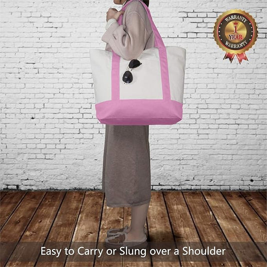 TOPDesign 1-Pack Canvas Tote Bag with an External Pocket, Reusable Grocery Shopping Bag, Top Zipper Closure, Daily Essentials (Pink/Natural)