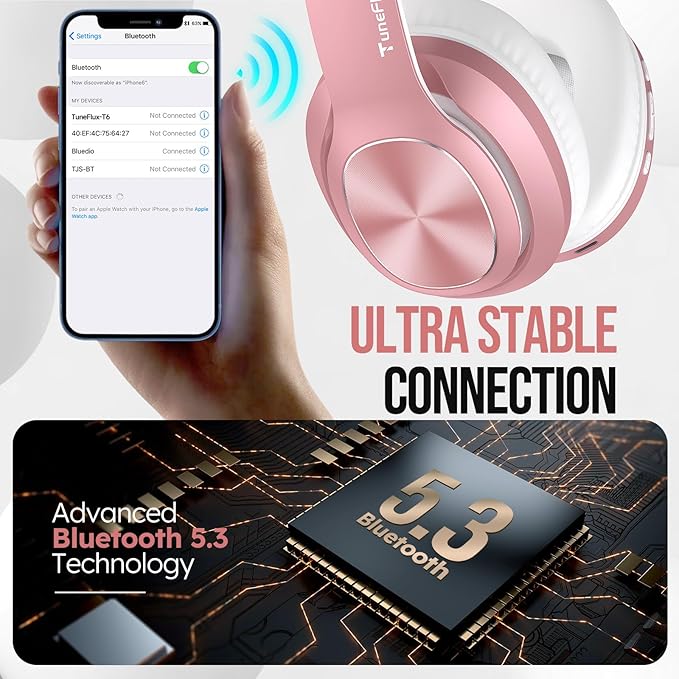 TuneFlux Wireless Bluetooth Headphones Over Ear, 80H Playtime, 3EQ Sound Modes, HiFi Stereo Headphones with Deep Bass, Foldable Bluetooth 5.3 Headsets for Smartphone/PC/Computer-Rose Gold