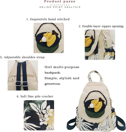 HUANGGUOSHU Women Cotton Woven Bohemian Hemp Boho Canvas Embroidery Multi Pocket Retro Cute Backpack Wallet Backpack（Corn）