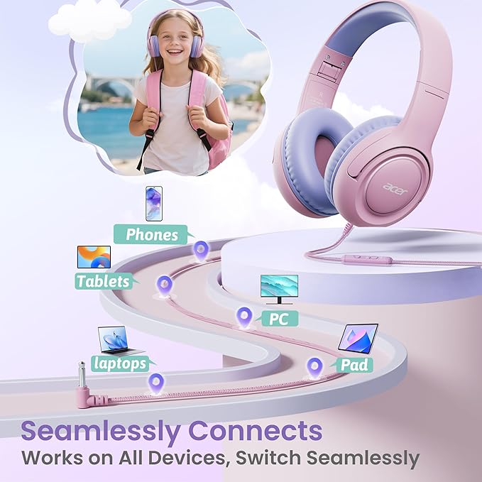 acer Kids Headphones Wired for School - Over-Ear 85/94dB Volume Limiter 3.5mm Jack Foldable Stereo Sound Headset for Toddlers Girls Boys Travel Learning Entertainment Tablet Kindle iPad PC,Pink Purple