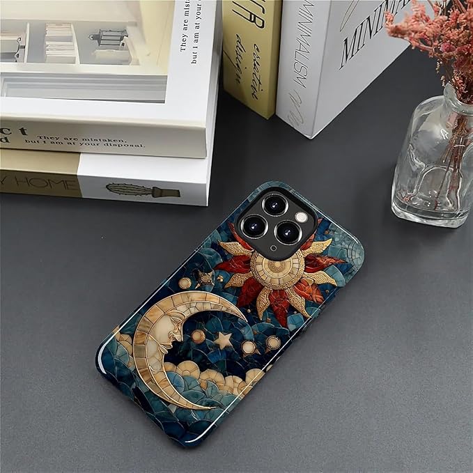 Case for iPhone 11 Pro Case,Sun Moon Stars Faux Stained Glass Design - Hybrid Dual Protection Silicone + Hard PC Shockproof Full Body Cover Slim Anti-Scratch Protective Case for Men Women
