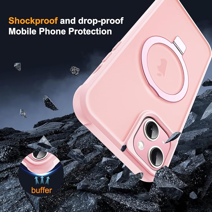 Compatible with iPhone 14 Plus Case with Invisible Magnetic O-Ring Stand Military-Grade Translucent Case for iPhone 14 Plus 6.7" [Compatible with Mag-Safe][Great Grip Feeling], Pink