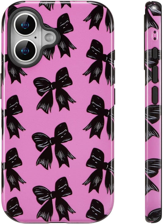 QLTYPRI Case for iPhone 16, Aesthetic Black Ribbon Bow Phone Case for Girls Women, Protective Hybrid 2-Layer Hard Shell Silicone Cover Durable Shockproof Phone Cover - Rose Red