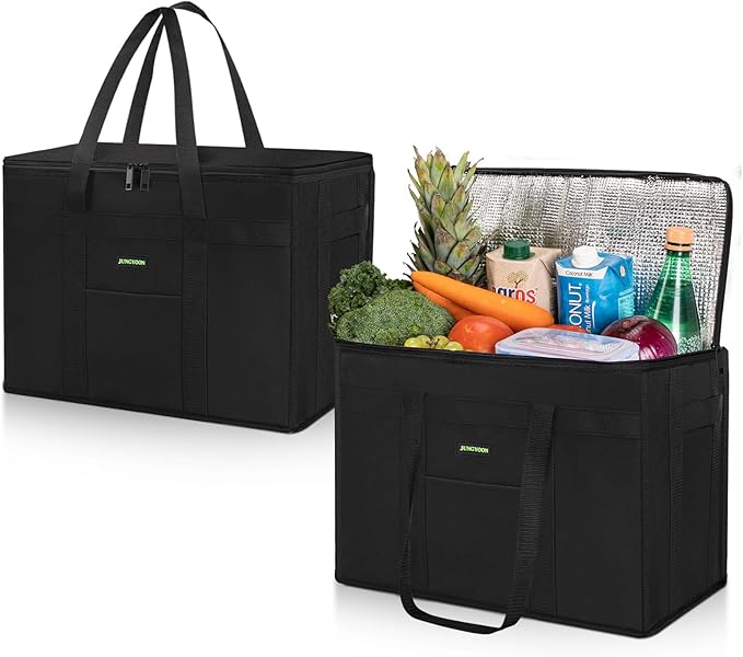 JUNGYOON 2-Pack Heavy-Duty Insulated Grocery Bags & Picnic Basket – Collapsible Cooler Bag with Zippered Top | Reusable Shopping Bags for Groceries, Picnics, Easy Storage(L Black)