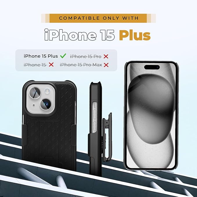 MOTIVE for iPhone 15 Plus Case with Belt Clip, Shell Holster Combo for Apple iPhone 15 Plus Holster, Slim Rugged Case, Drop Shockproof Protective Cover & Kickstand, 6.7 inch | Black