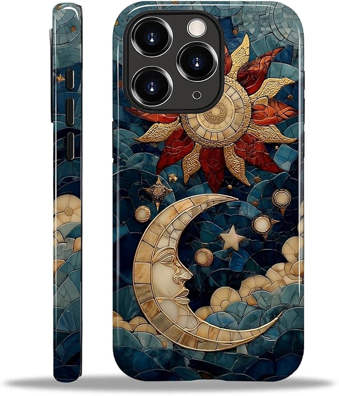 Case for iPhone 11 Pro Case,Sun Moon Stars Faux Stained Glass Design - Hybrid Dual Protection Silicone + Hard PC Shockproof Full Body Cover Slim Anti-Scratch Protective Case for Men Women