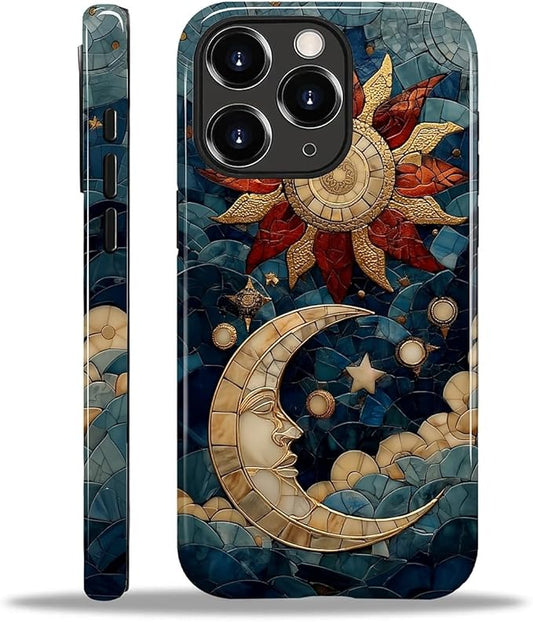 Case for iPhone 11 Pro Case,Sun Moon Stars Faux Stained Glass Design - Hybrid Dual Protection Silicone + Hard PC Shockproof Full Body Cover Slim Anti-Scratch Protective Case for Men Women
