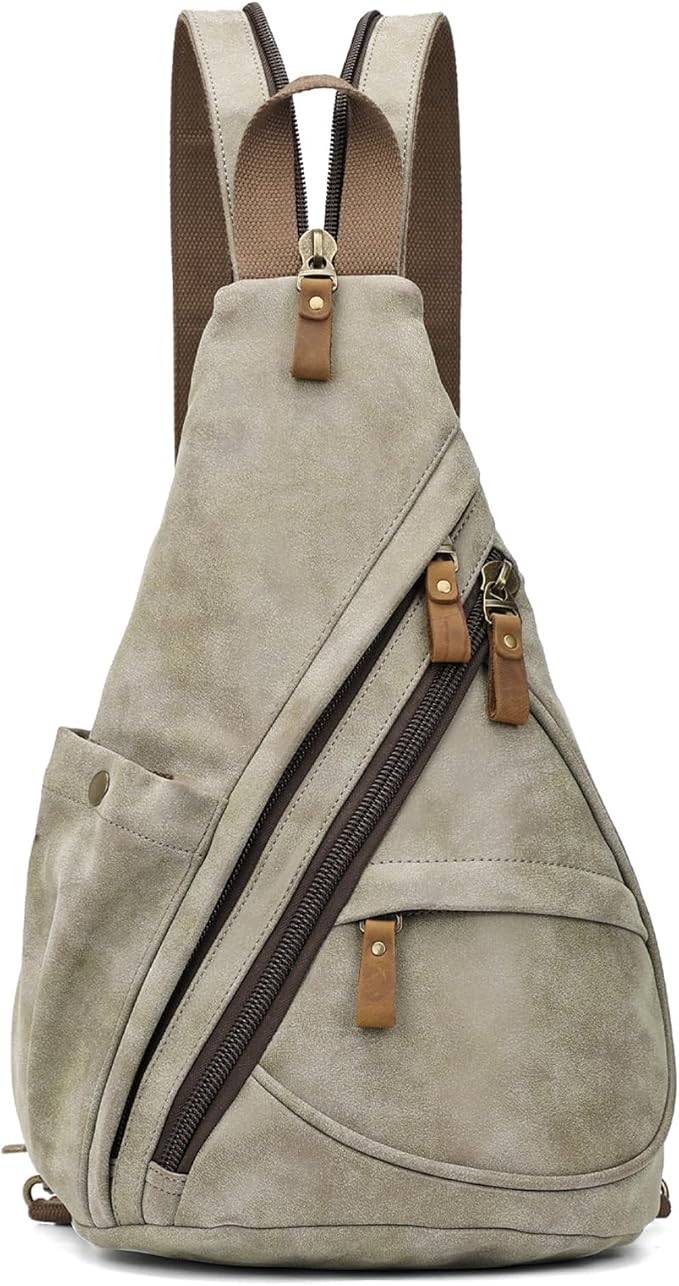 KL928 PU Leather Sling Bag - Small Crossbody Backpack Shoulder Casual Daypack Rucksack for Men Women Outdoor Cycling Hiking Travel (6881-PU-Olive Green)