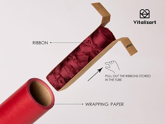 Vitalizart Red Wrapping Paper Set 17" Pearly-Lustre With Silk Like Satin Ribbon & Gift Tags Recyclable Eco-Friendly Christmas Gift Wrapping Birthday Baby Shower Wedding Handmade Crafts 197"(16.4 Ft)