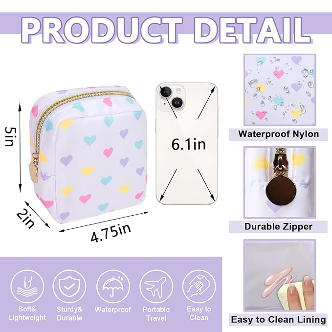 Mini Makeup Pouch for Purse, Nylon Travel Toiletry Organizers Small Cosmetic Bag for Women Girl, Checkered Cute Zipper Coin Purse Preppy Storage Bag for School Work(Mini-White Heart)