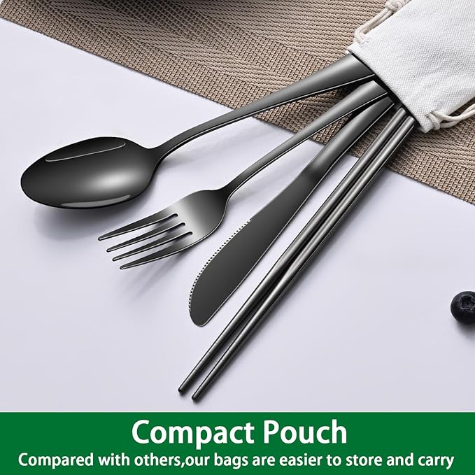 Travel Utensils Set With Case,Black Stainless Steel Silverware Set To Go For Work Lunch Box Includes Knife Spoon Fork Chopsticks,Camping Picnic Cutlery Essentials